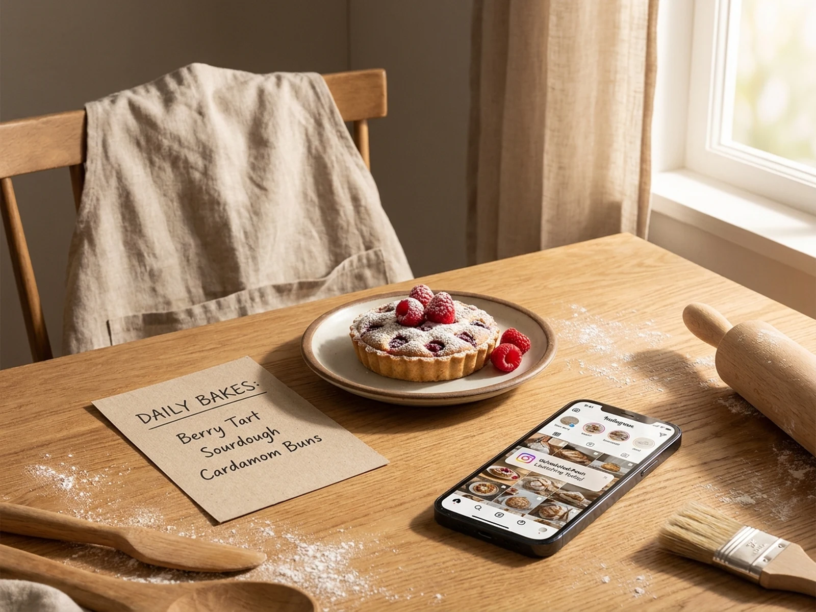 AI generated local bakery social media launch post with tart and scheduled post grid