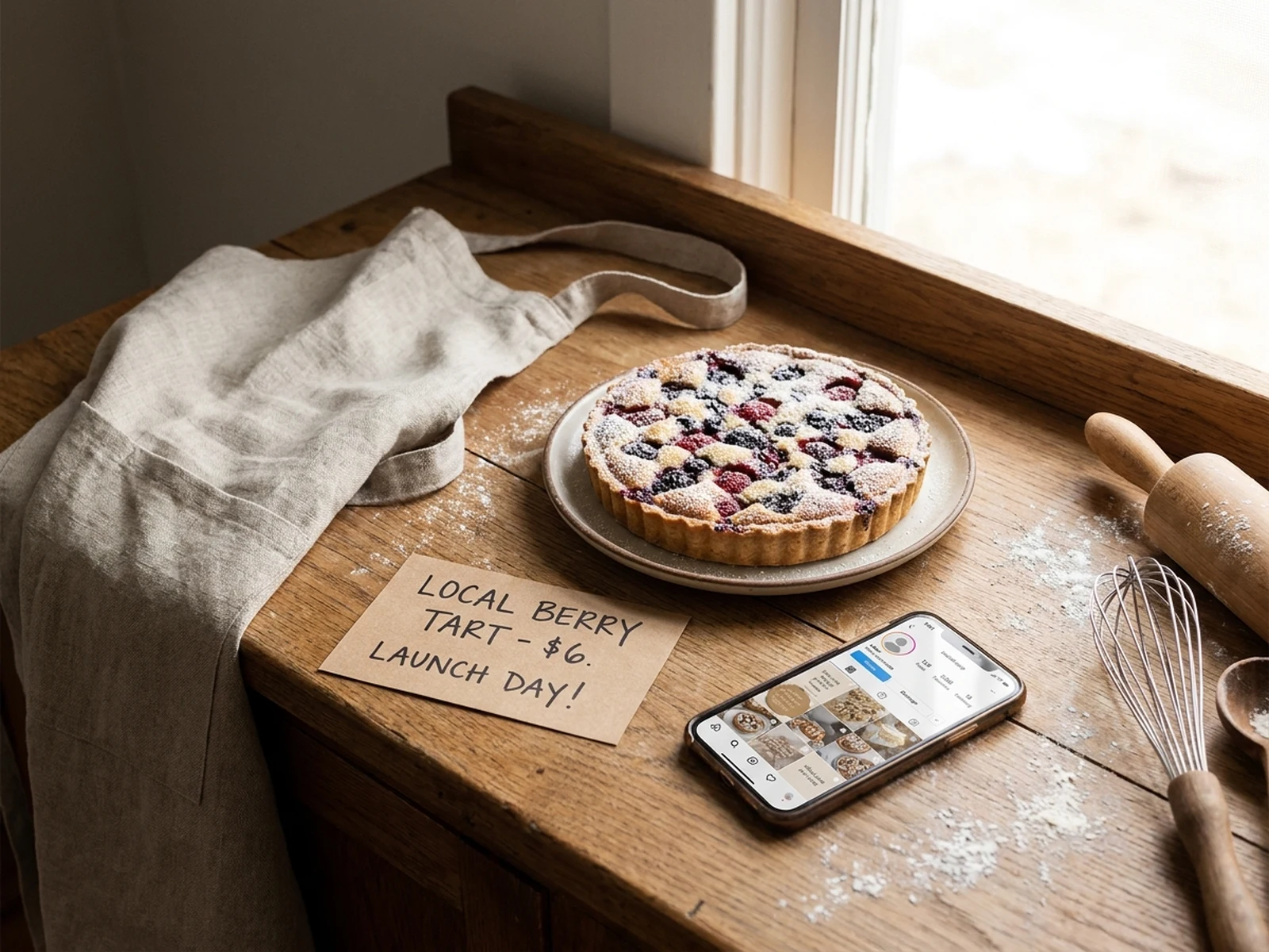 Independent bakery counter social media launch image with berry tart and post grid