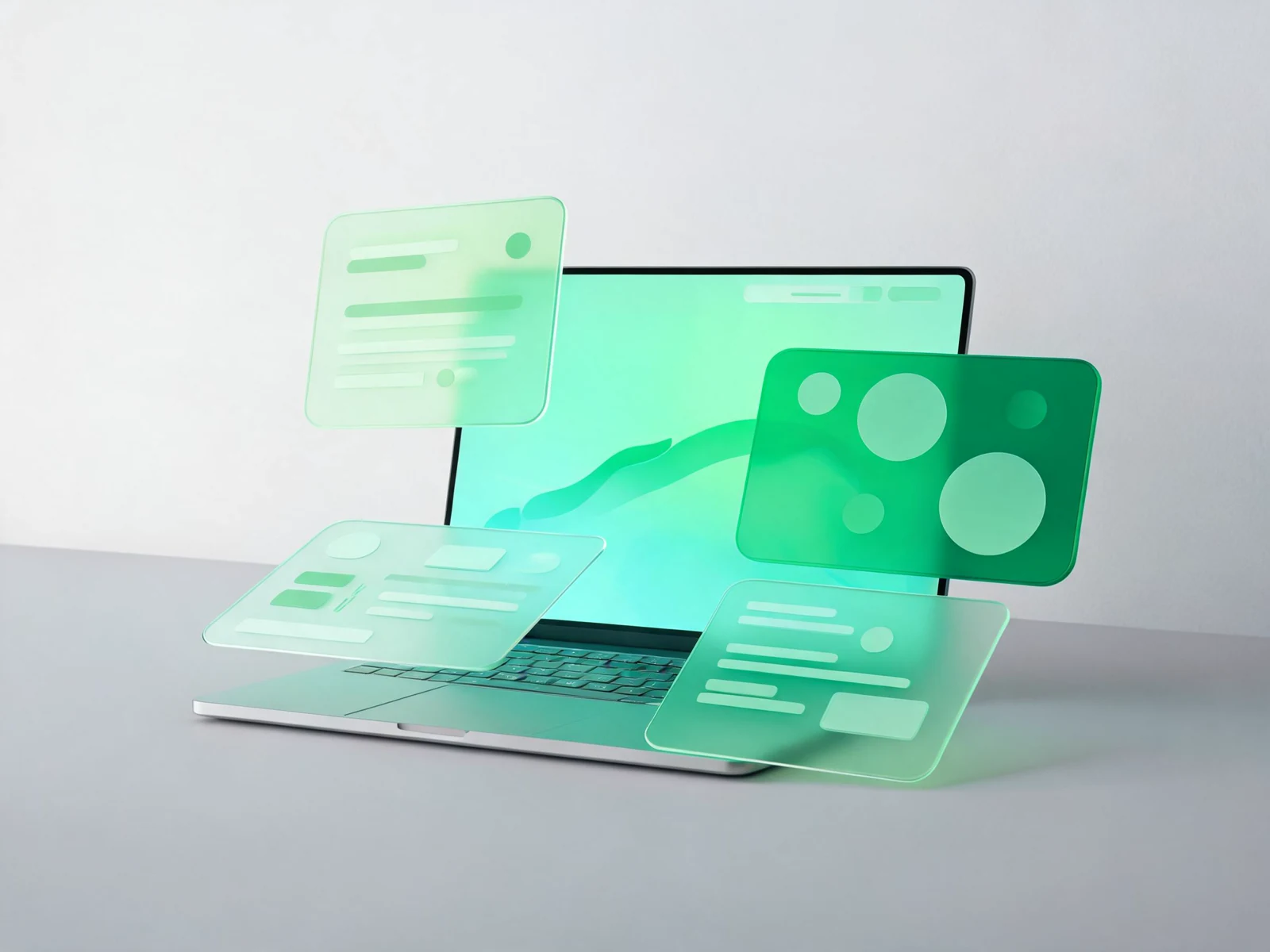 Laptop launch visual with green accent light and a clean social post composition