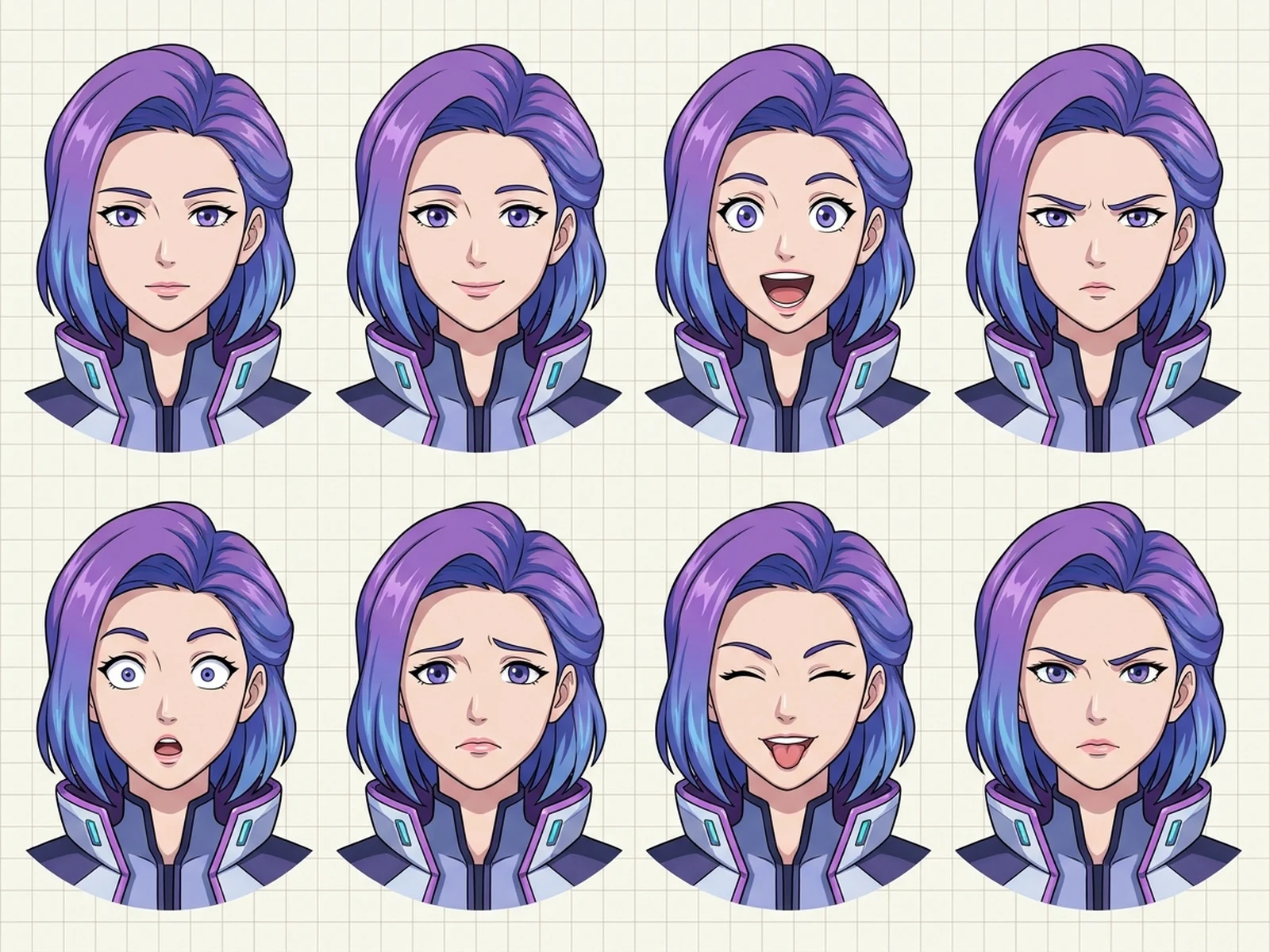 Eight-expression sheet for one original adult VTuber character