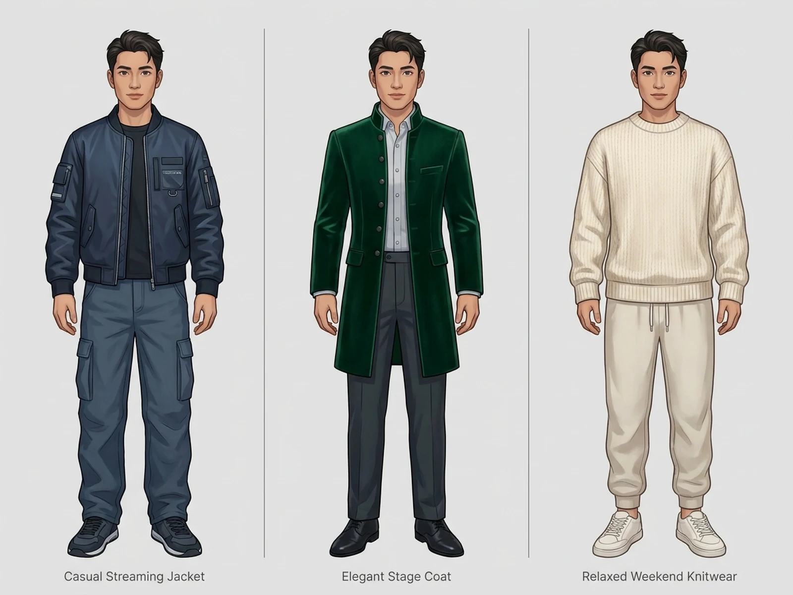 Three coordinated outfit variants for one original adult virtual host