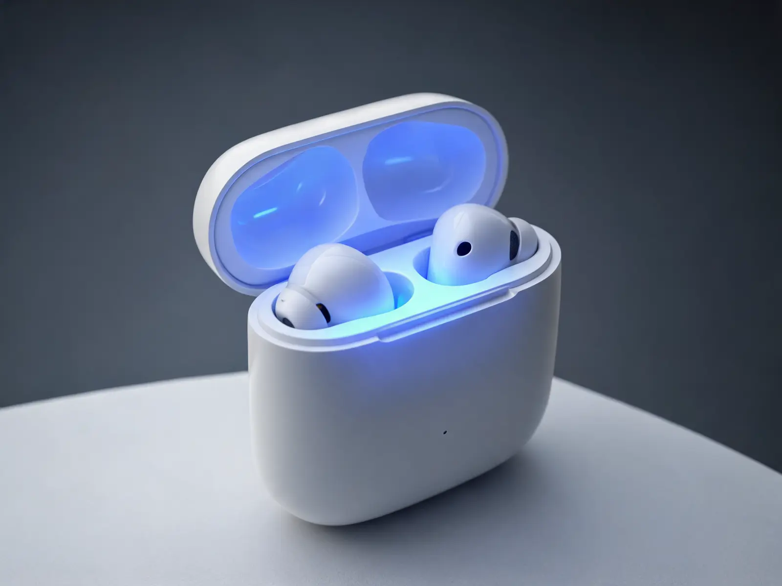 Earbuds product demo hero frame with macro reveal lighting and a clean studio scene