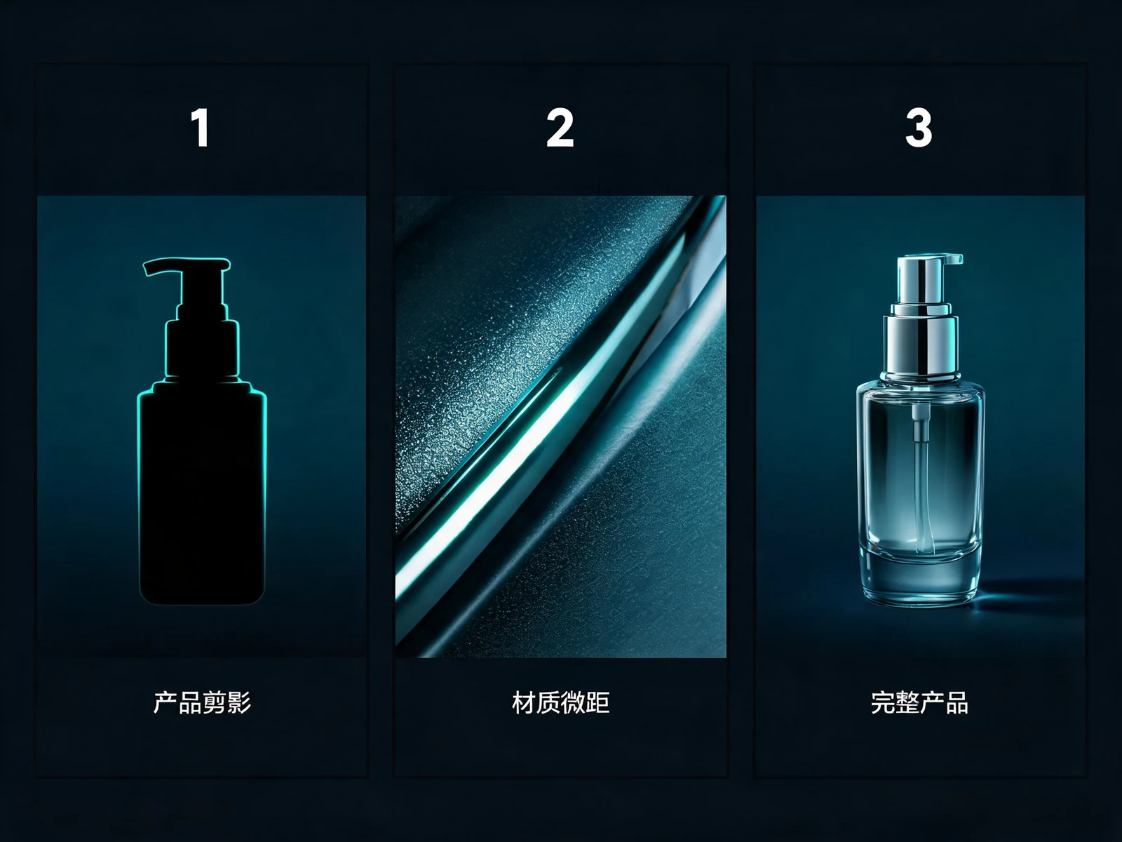 Three-panel storyboard scene with product silhouette, macro detail, and final reveal